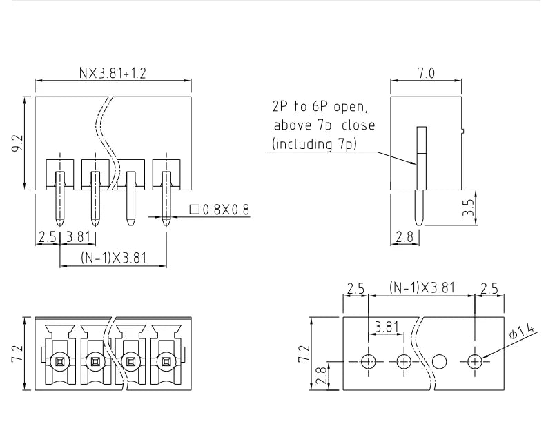 QS-381V PCB Terminal Blocks 3.81mm Pitch 2-24P 300V 10A Green High Strength Screw Connector