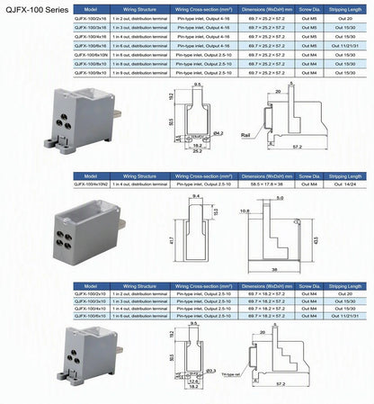 QJFX-100-12x10 100A MCCB Distribution Block 12 Way Screw Terminal Block for Switchgear Control Cabinet