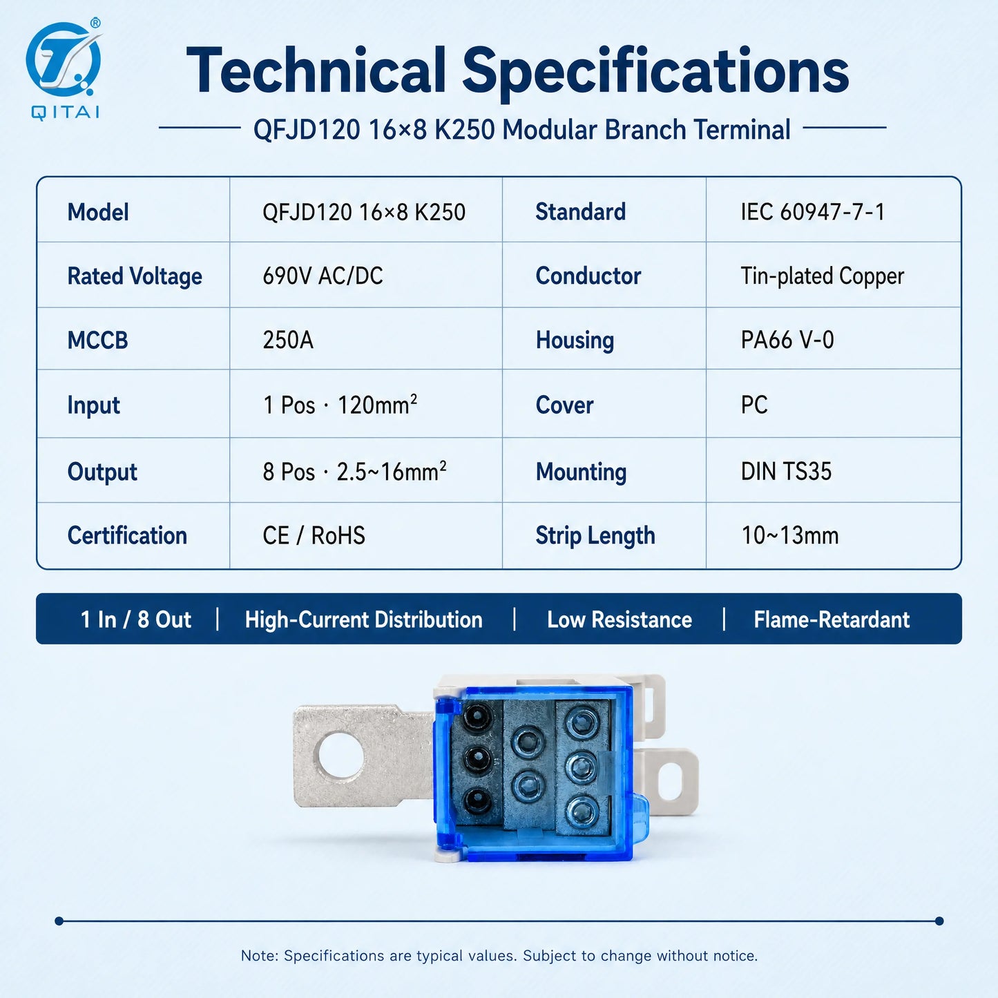 QFJD-120/16*8/K250 250A Busbar Distribution Terminal 8 Way Output 690V IEC 60947 DIN Rail for Power Distribution