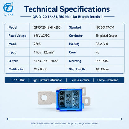 QFJD-120/16*8/K250 250A Busbar Distribution Terminal 8 Way Output 690V IEC 60947 DIN Rail for Power Distribution