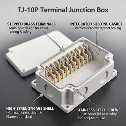 TJ-10P IP66 Waterproof Electrical Junction Box ABS PC PBT Enclosure Cable Connector Outdoor Industrial Terminal Distribution Box
