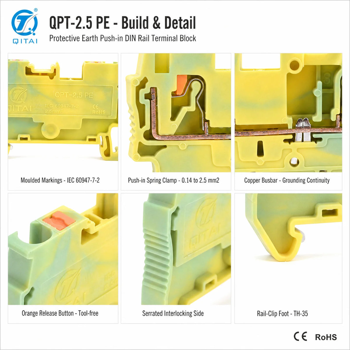 QPT-2.5PE Ground Terminal Block 2.5mm2 DIN Rail Protective Earth Green Yellow Push-in 800V 24A TH35 for PE Wiring