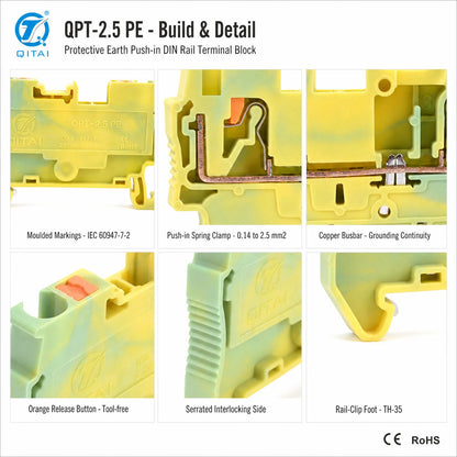 QPT-2.5PE Ground Terminal Block 2.5mm2 DIN Rail Protective Earth Green Yellow Push-in 800V 24A TH35 for PE Wiring