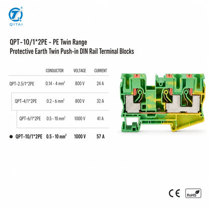 QPT-10/1*2PE Ground Terminal Block 10mm2 Protective Earth One in Two Out 10.2x67.7x50.5mm 1000V 57A for Cabinet Grounding