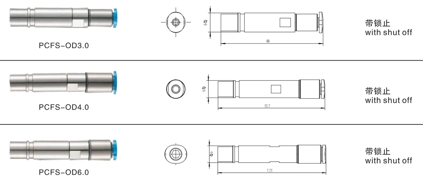 PCFS-1.6 1.6mm 3mm 4mm 6mm Pneumatic Contact Without Shut-off Straight Male Valve Contact
