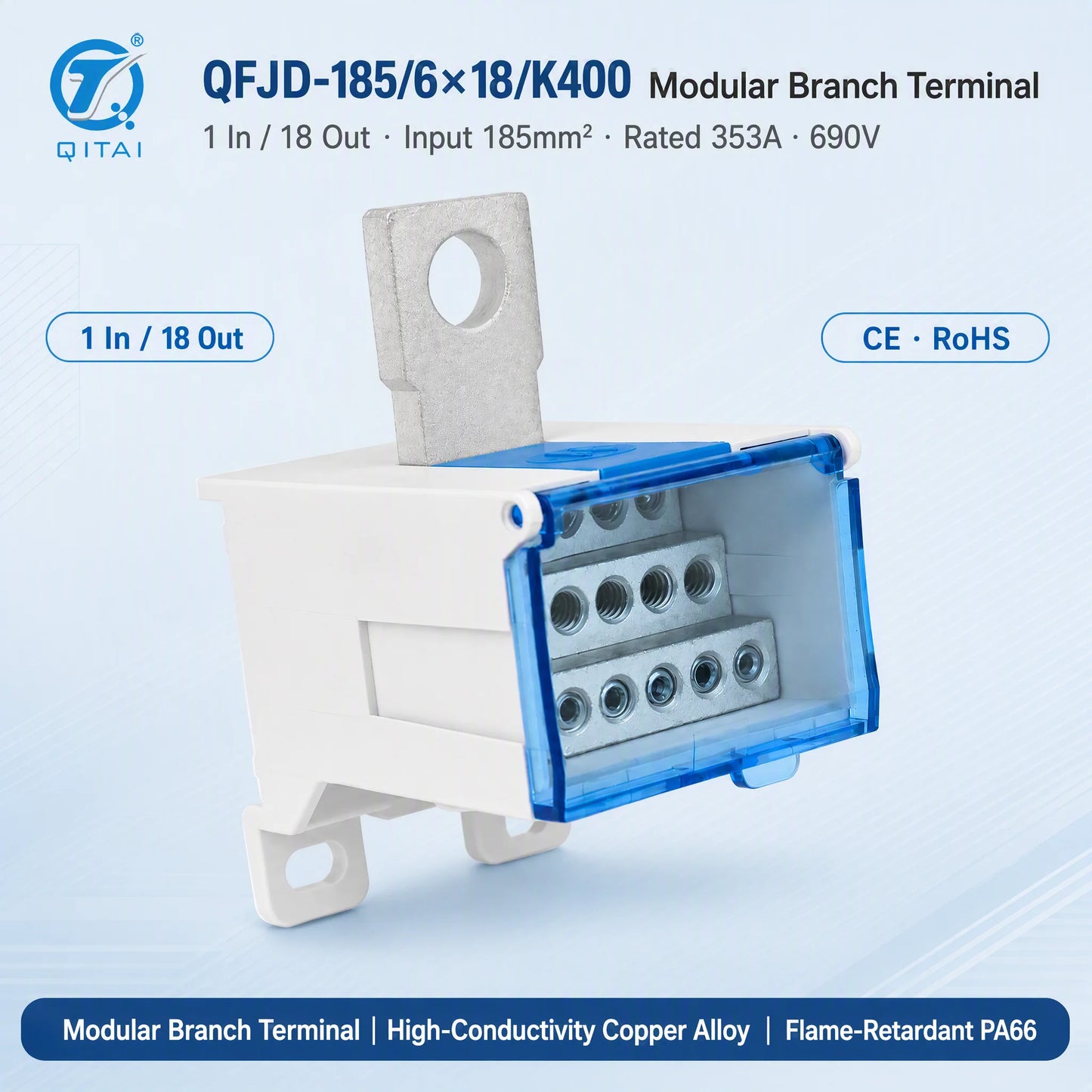 QFJD-185-6*18-K400 Distribution Terminal Block 353A 690VAC 1 in 18 Out 2.5-6mm2 DIN Rail for Circuit Breaker