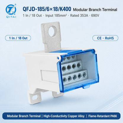 QFJD-185-6*18-K400 Distribution Terminal Block 353A 690VAC 1 in 18 Out 2.5-6mm2 DIN Rail for Circuit Breaker