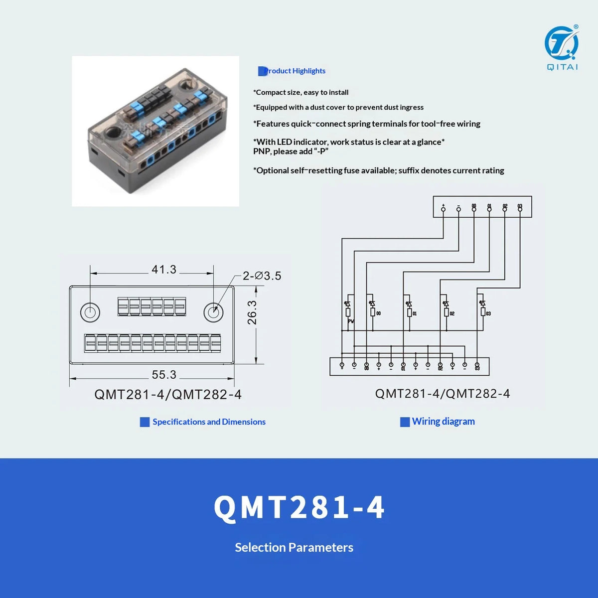 QMT281 Series IO Signal Distribution Box 4-12 Channel DC24V 1A Spring Terminal Sensor Junction Box for Remote IO