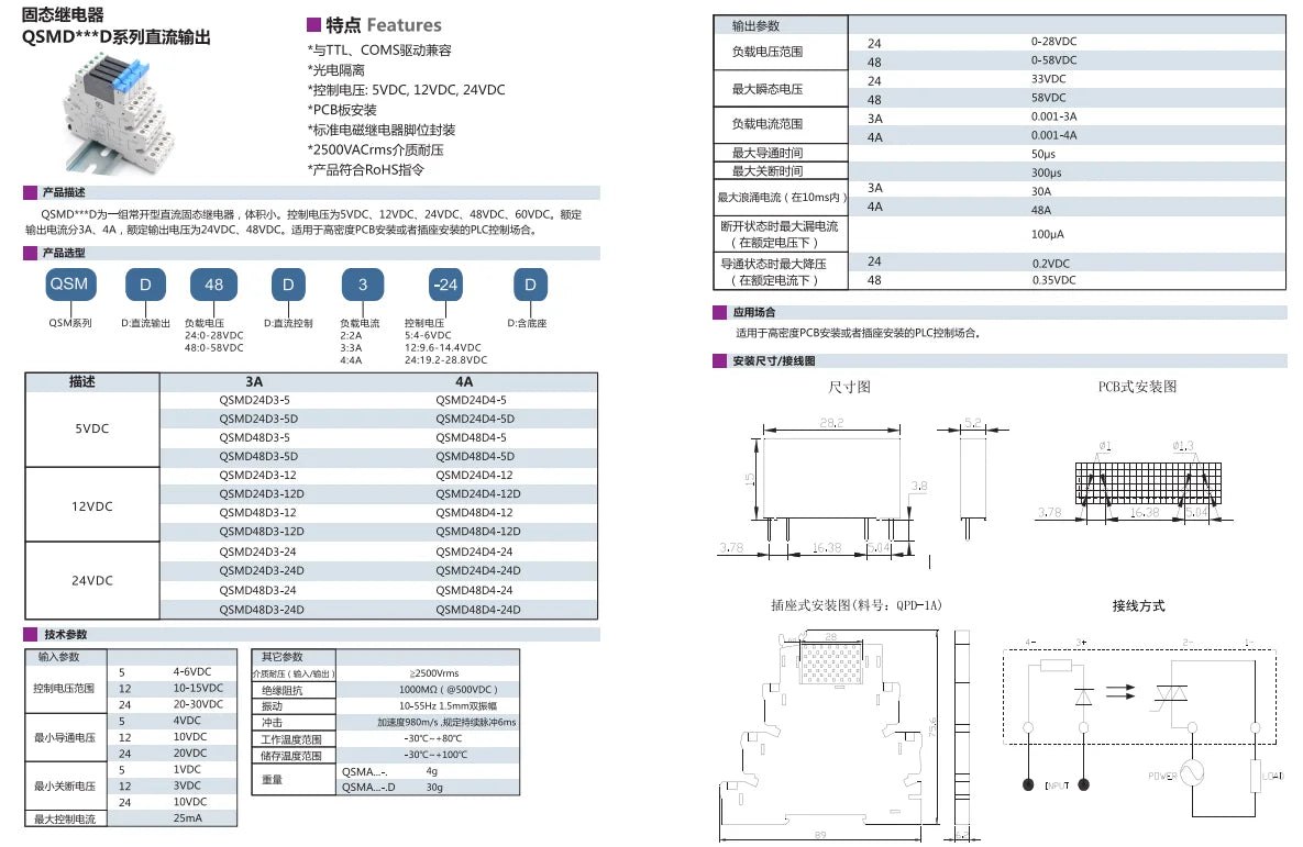 QSMD 24VDC/48VDC Slim Solid State Relay Single Phase DC Output 3A 4A DIN Rail for PCB/PLC Applications