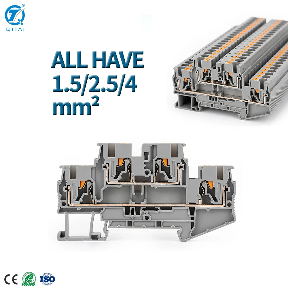 QPT-2.5/2-2 PTTB2.5 Double Level Din Rail Terminal Block  500V Push-in Connection 4mm2 NS 35 Spring Double Terminal Block 2way