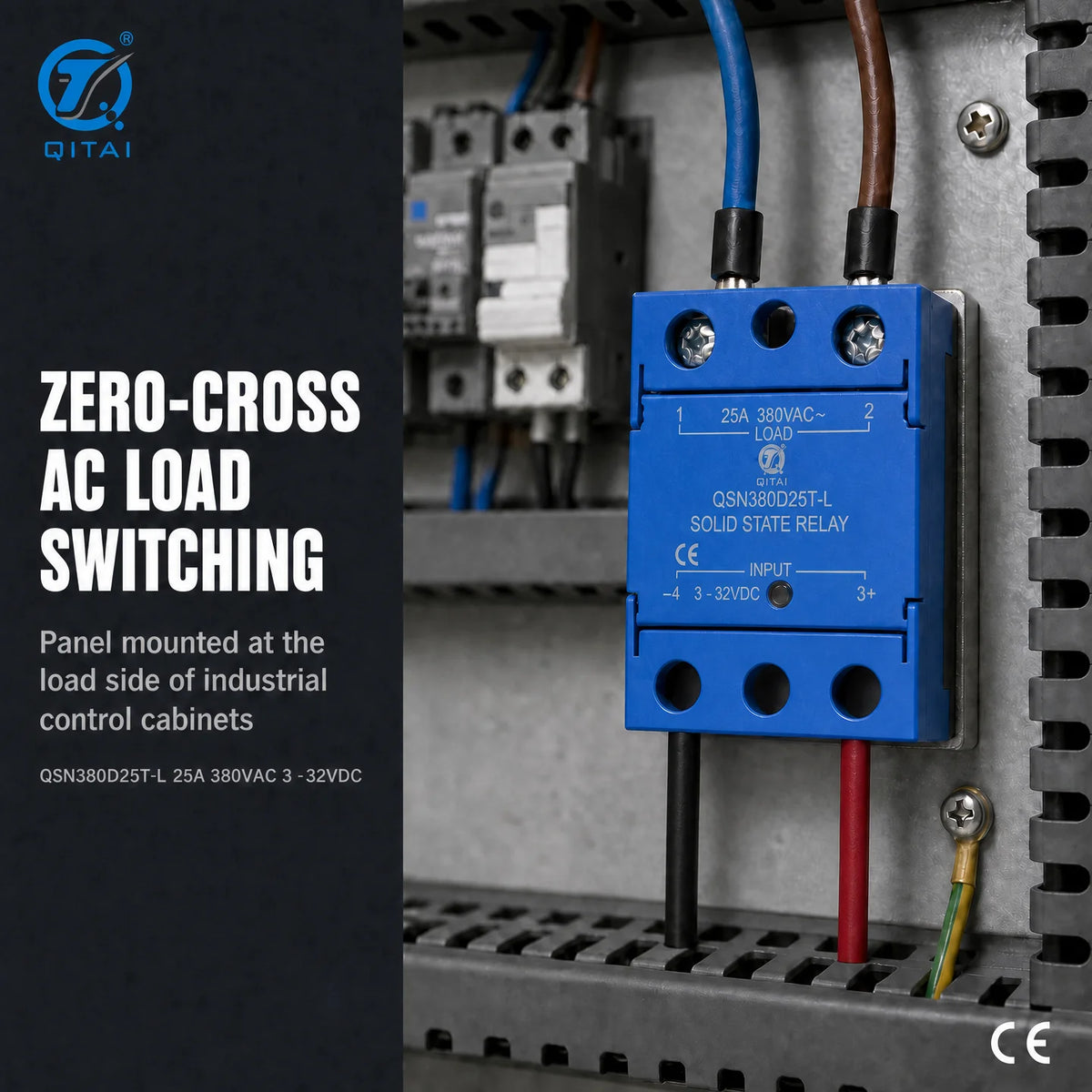 QSN380D25T-L Single Phase SSR 25A 380VAC DC Control TRIAC Zero Crossing Opto Isolated for Temperature Control Furnace