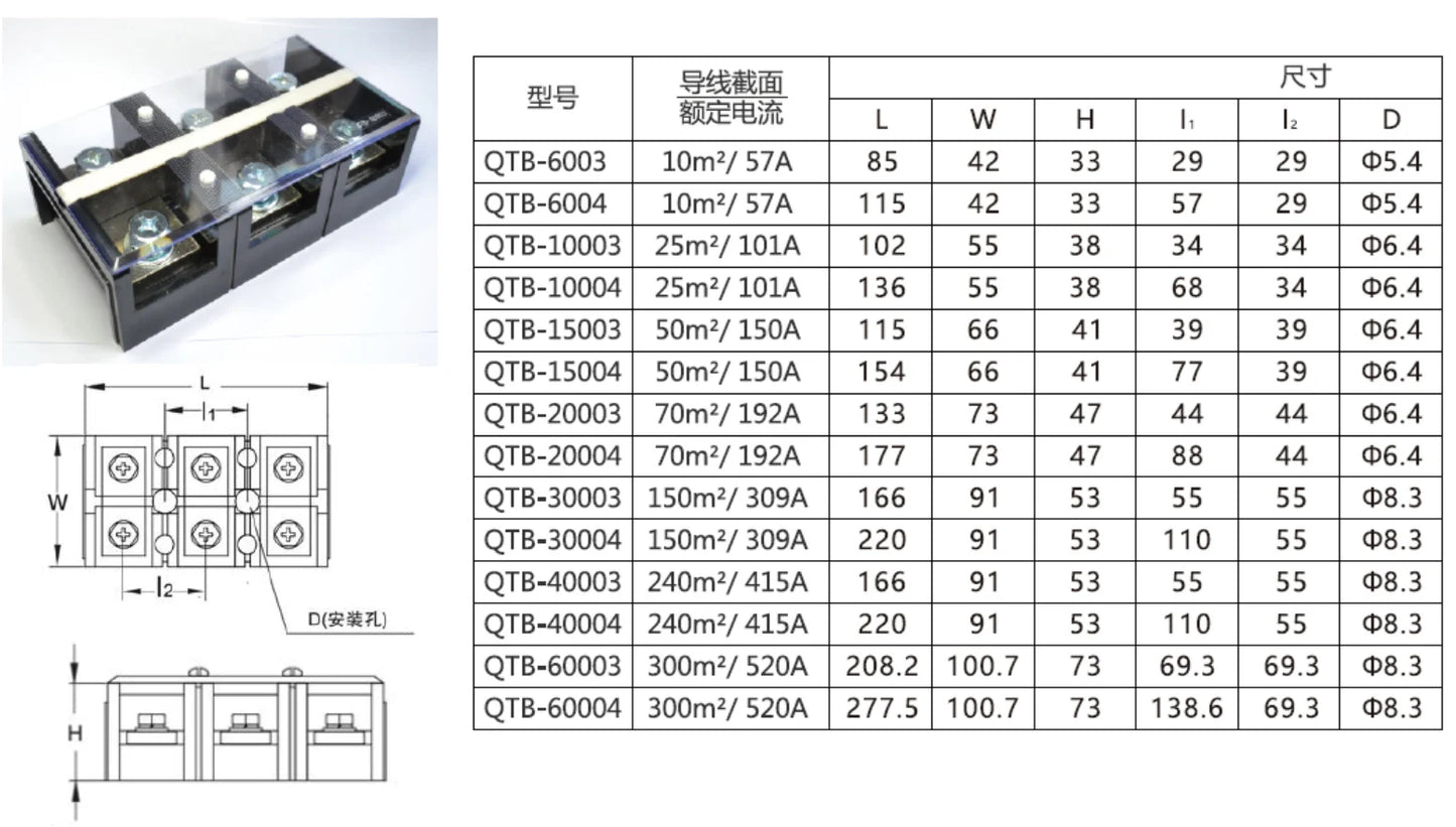 QTB-30004 Large Current 150m² 309A Screw Terminal Block Durable PC Feed Through Made of Brass and Panel Mounting