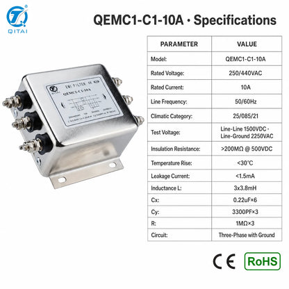 QEMC1-C1-10A Three Phase General Purpose EMI Filter 10A 250/440VAC Stud Terminal for Industrial Control Cabinet