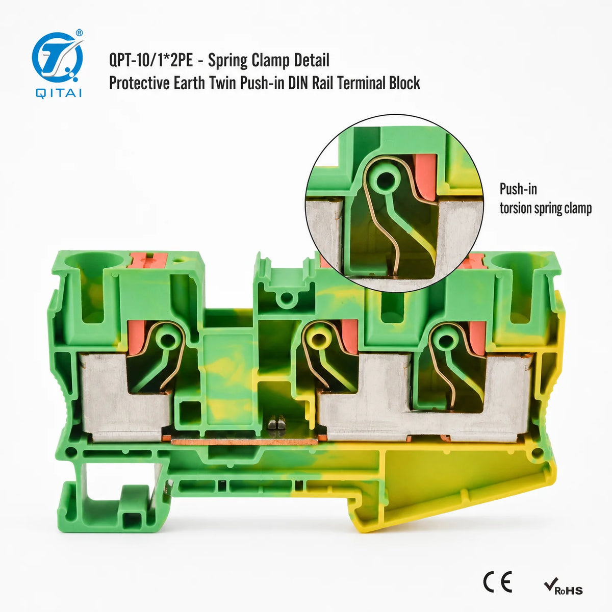 QPT-10/1*2PE Ground Terminal Block 10mm2 Protective Earth One in Two Out 10.2x67.7x50.5mm 1000V 57A for Cabinet Grounding