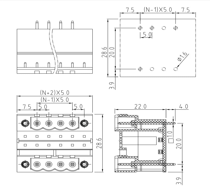 QSD-500VF  5.00mm  Double Layer 2P-24P Socket Terminal Block Connector PCB Plug-in Type Green Terminal Block with Flange