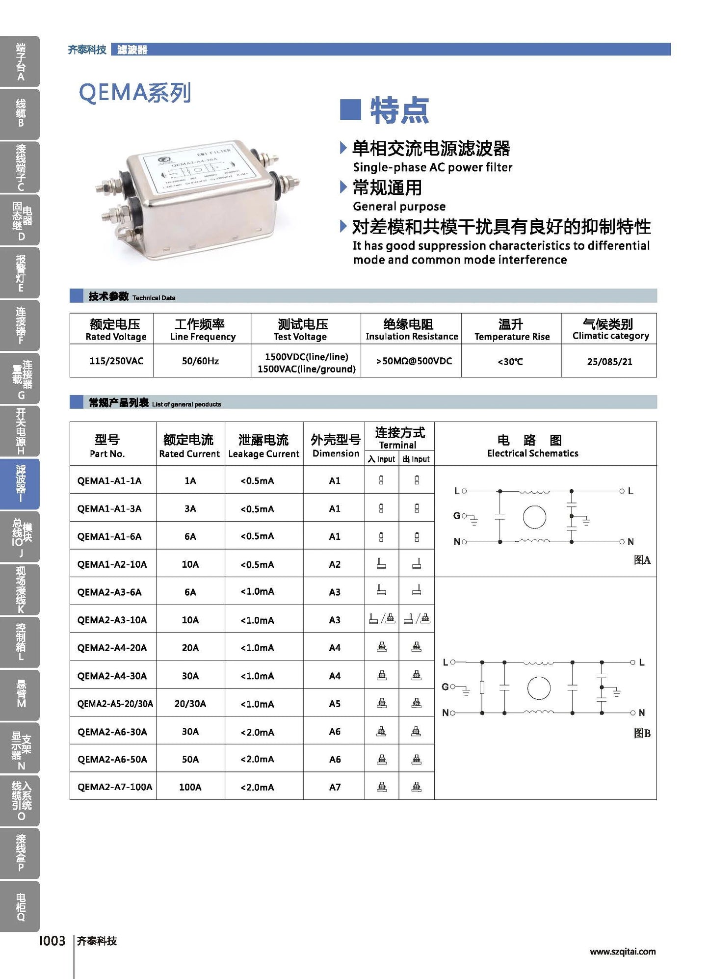 QEMA2-A4-30A Single-Phase 115/250VAC 30A EMC/EMI Power Filter Low Leakage Current Power Line Filter Motor RFI Filter