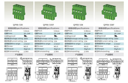 QPRB-500 5.0mm Pitch 2P-24P 300V 15A High Strength Spring Wire Strong Shock Resistance Plug Connector Terminal Blocks PCB