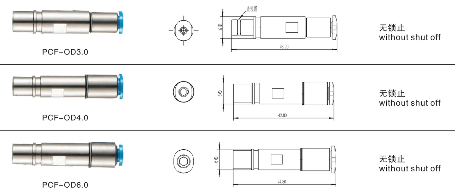 PCF-OD3.0 1.6mm 3mm 4mm 6mm Pneumatic Contact Without Shut-off Straight Male Valve Contact Connector