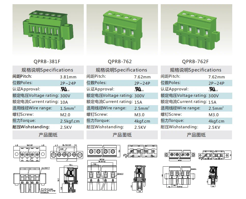 QPRB-762F 7.62mm Pitch 2P-24P 300V 15A High Strength Spring Wire Strong Shock Resistance Plug Connector Terminal Blocks PCB