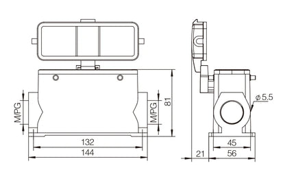 H24B-SGH-4B-CV-PG21 Heavy Duty Connector Compact Series Top Entry Protective Hoods Aluminum Housing