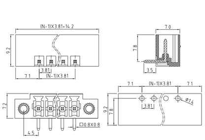 QS-381RF PCB Terminal Blocks 3.81mm Pitch 2-24P 300V 10A Green High Strength Screw Connector