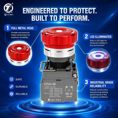 QDN22SA3M3-M11Z CR24V Emergency Stop Push Button 22mm 1NO1NC Self-locking Metal Mushroom Head IP65 Red LED 24V Plug-in