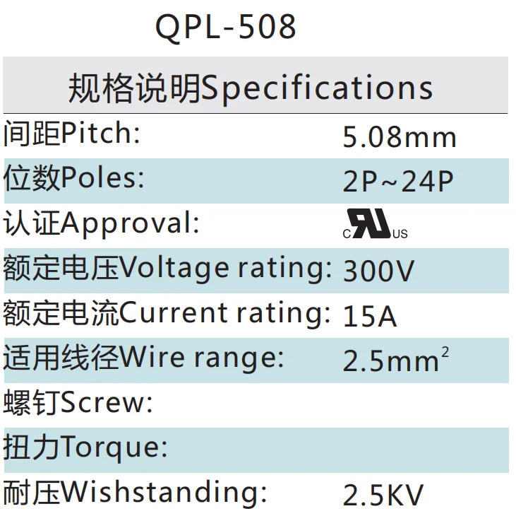 QPL-508F 5.08mm Pitch 2-24P 300v 15A Green High Strength Spring Wire Strong Shock Resistance QPL Series Plug PCB Terminal Blocks