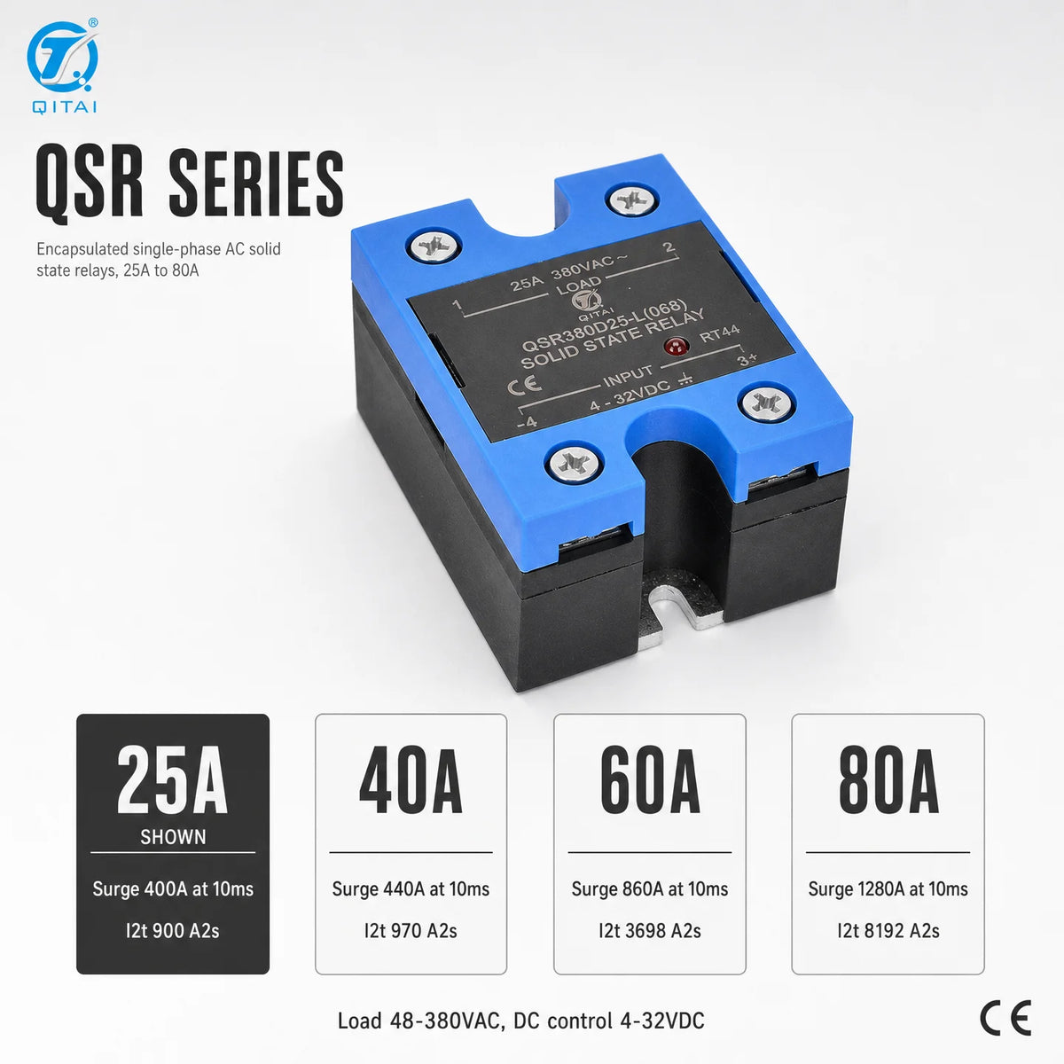 QSR380D25-L(068) Sealed Single Phase Solid State Relay 25A 48-380VAC IP20 SCR Output Zero Cross LED for Plastic Machinery