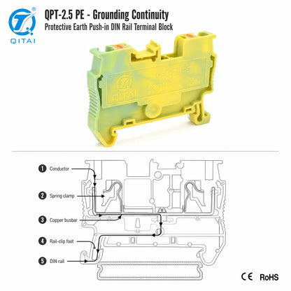 QPT-2.5PE Ground Terminal Block 2.5mm2 DIN Rail Protective Earth Green Yellow Push-in 800V 24A TH35 for PE Wiring
