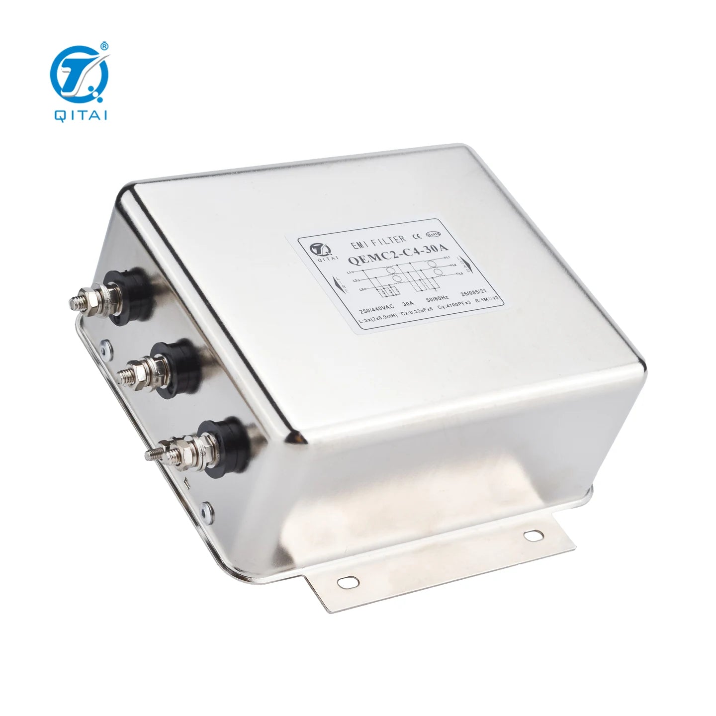 QEMC2 Series 3 Phase EMI Filter with Differential Mode Choke 250/440VAC 6A-200A Stud Terminal for VFD Inverter