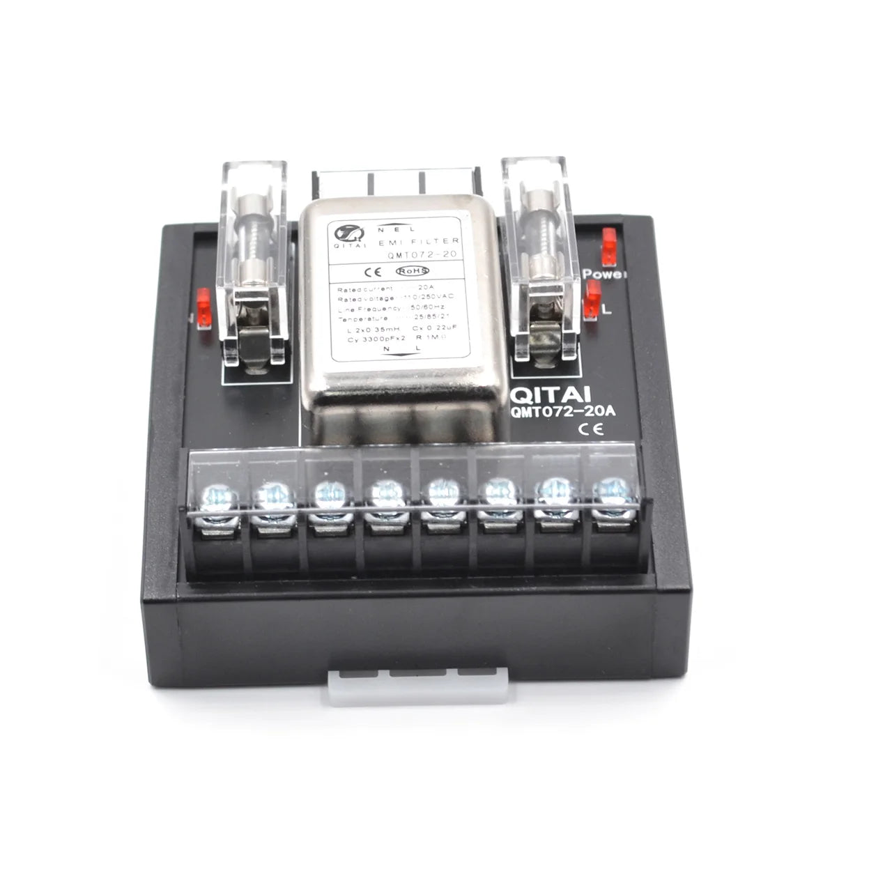 QMT072-10A EMC EMI Filter With Fuse and LED 8-pin 4 Out Terminal Block 10A/2A 220Vac  10A Single Phase Power Filter Din Rail