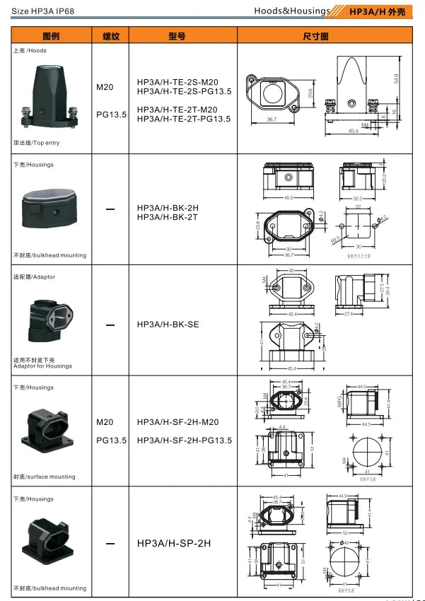 QITAI HP3A/H-BK-2H Industrial Heavy Duty Connector Compact Series Top Entry Protective Hoods