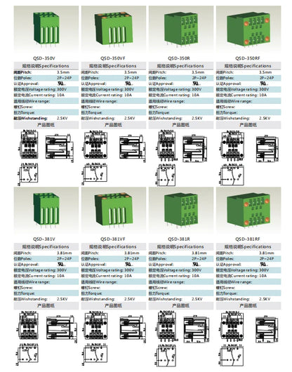 QSD-350RF  3.50MM Double Layer Terminal Block Connector 2P-24P PCB Plug-in Type Green Terminal Block with Flange