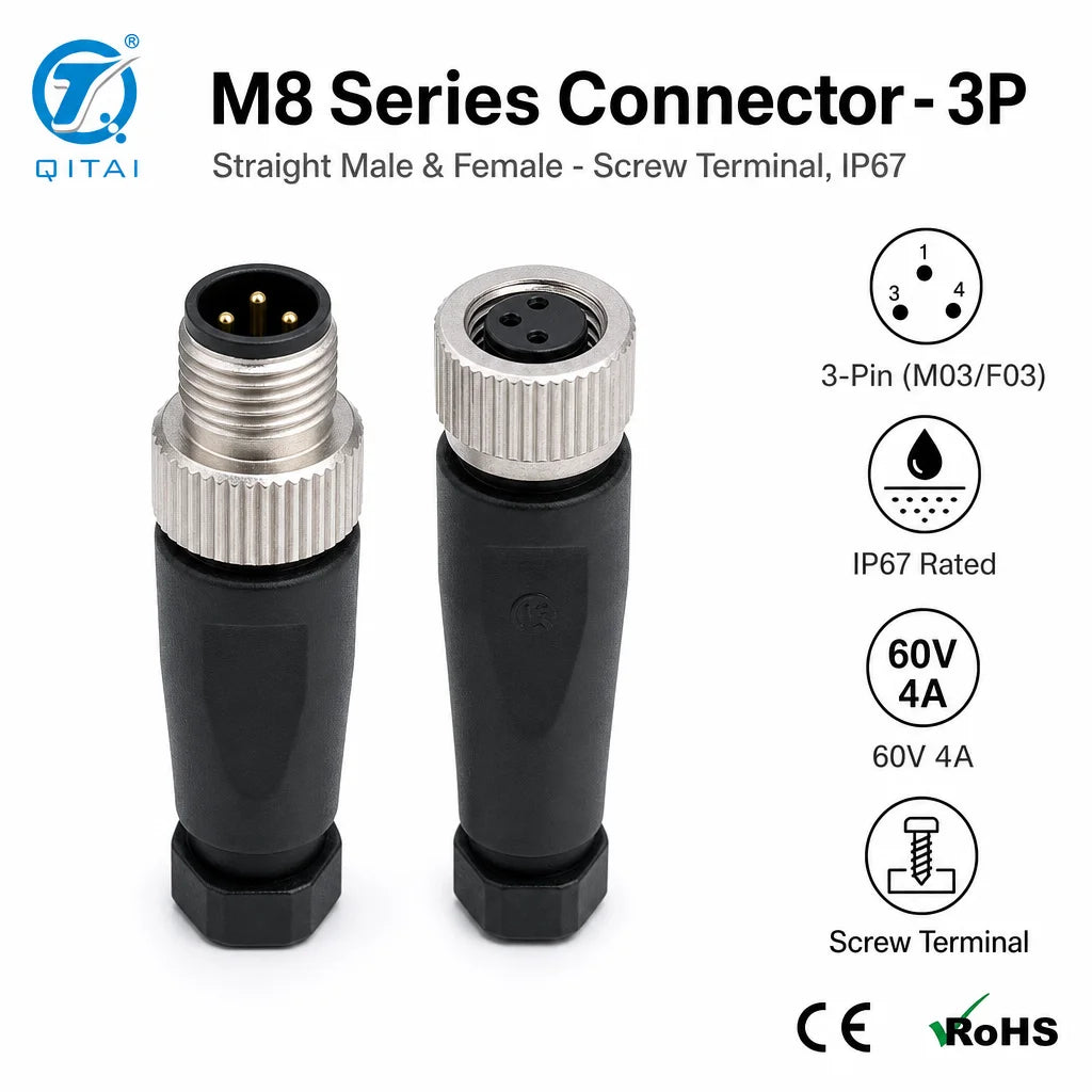 M8-M03 M04 3 Pin 4P M8 Sensor Connector Male Plug Screw Terminal IP67 Waterproof 4A 60V Circular for Proximity Sensor Automation
