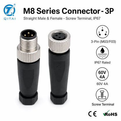 M8-M03 M04 3 Pin 4P M8 Sensor Connector Male Plug Screw Terminal IP67 Waterproof 4A 60V Circular for Proximity Sensor Automation