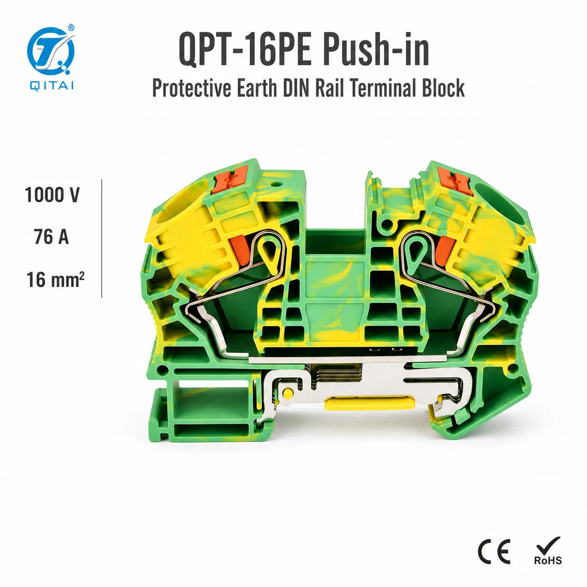 QPT-16PE Ground Terminal Block 16mm2 Protective Earth 1000V 76A Push-in for High Current Power Distribution Panel