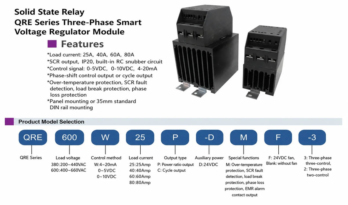 QRE Series Three Phase SCR Power Controller Solid State Relay 25-80A 200-440VAC 4-20mA IP20 for Industrial Heating