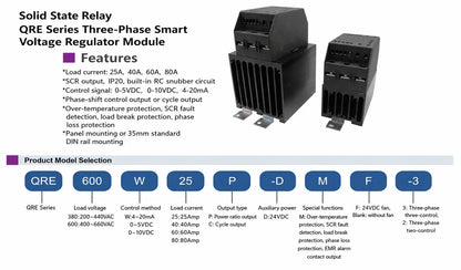QRE Series Three Phase SCR Power Controller Solid State Relay 25-80A 200-440VAC 4-20mA IP20 for Industrial Heating