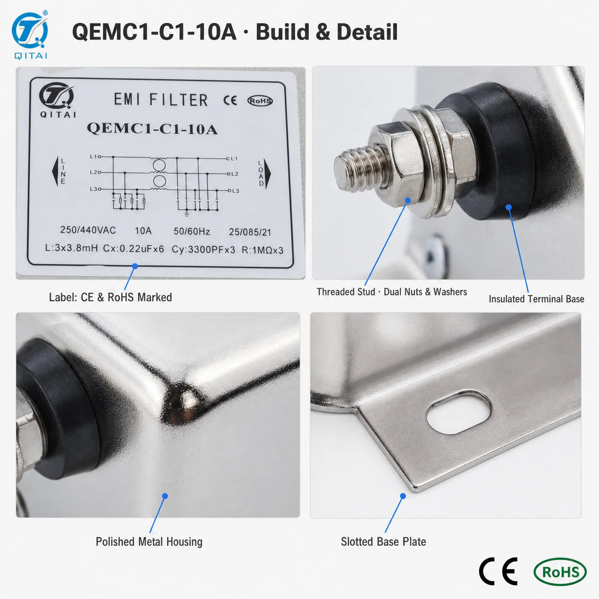 QEMC1-C1-10A Three Phase General Purpose EMI Filter 10A 250/440VAC Stud Terminal for Industrial Control Cabinet