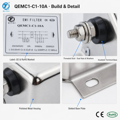 QEMC1-C1-10A Three Phase General Purpose EMI Filter 10A 250/440VAC Stud Terminal for Industrial Control Cabinet