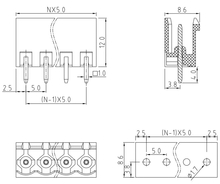 QS-500V High Strength Green 5.00mm Pitch Screw Connector 2-24P 300V 15A Terminal Blocks PCB