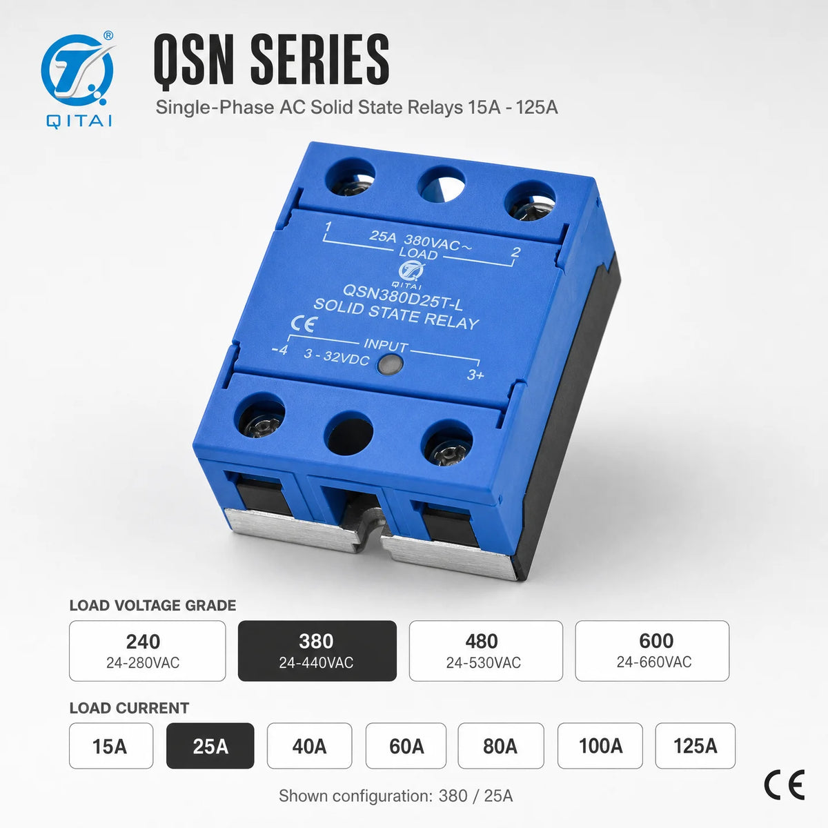 QSN380D25T-L Single Phase SSR 25A 380VAC DC Control TRIAC Zero Crossing Opto Isolated for Temperature Control Furnace