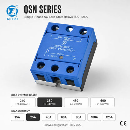 QSN380D25T-L Single Phase SSR 25A 380VAC DC Control TRIAC Zero Crossing Opto Isolated for Temperature Control Furnace