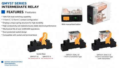 QMY572-D24LT-D 12A 2 Changeover Contact Relay 24VDC Coil LED Test Button Plug-in Base for Machine Control