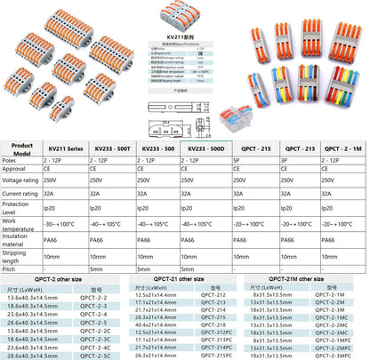QPCT-213 250V 32A 3P Push-in Quick-Connect Tool-Free Push-in Spring-Loaded  Terminal Blocks