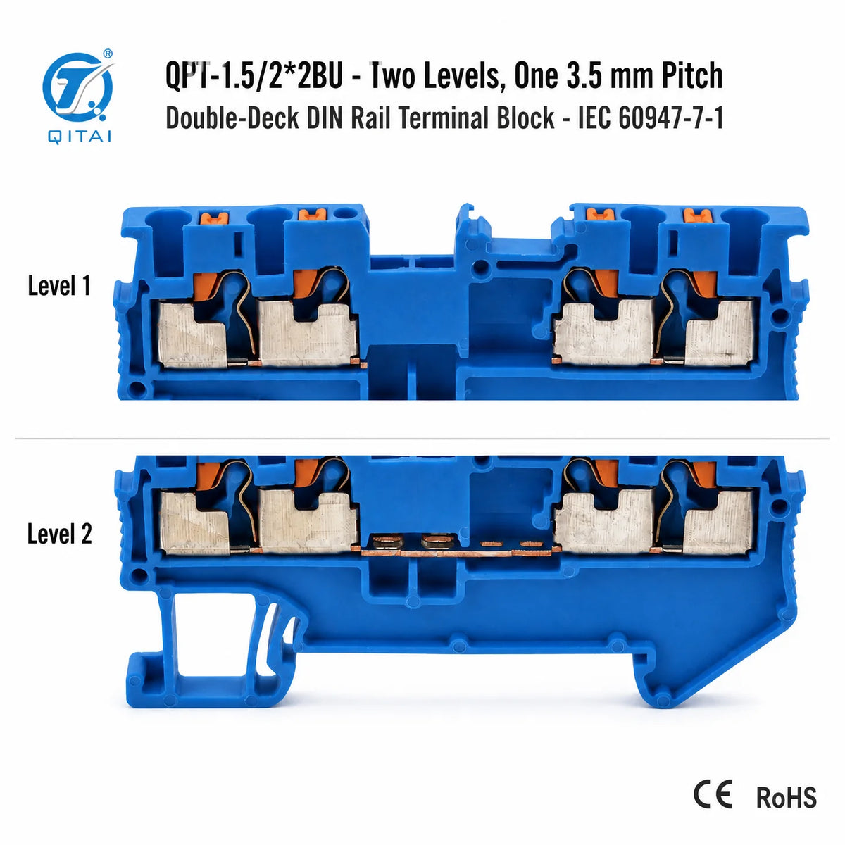 QPT-1.5/2*2BU Blue 4 Contacts Terminal Block 1.5mm2 500V 17.5A Push-in DIN Rail for Marshalling Cabinet Wiring