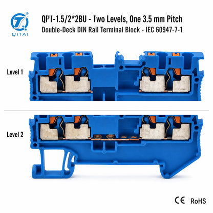 QPT-1.5/2*2BU Blue 4 Contacts Terminal Block 1.5mm2 500V 17.5A Push-in DIN Rail for Marshalling Cabinet Wiring
