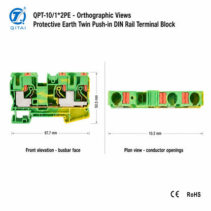 QPT-10/1*2PE Ground Terminal Block 10mm2 Protective Earth One in Two Out 10.2x67.7x50.5mm 1000V 57A for Cabinet Grounding