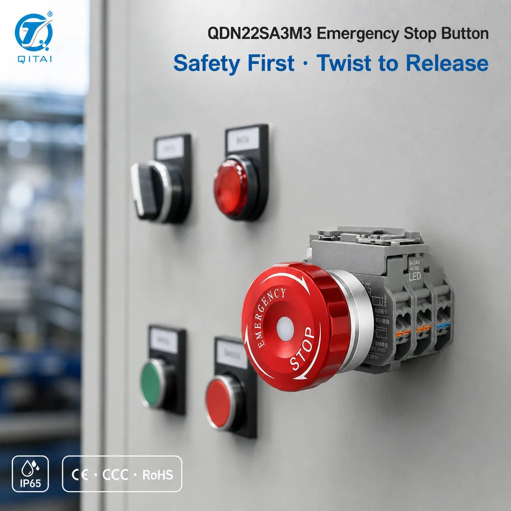 QDN22SA3M3-M11Z CR24V Emergency Stop Push Button 22mm 1NO1NC Self-locking Metal Mushroom Head IP65 Red LED 24V Plug-in