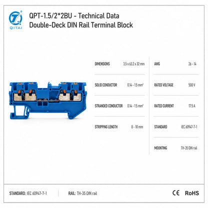 QPT-1.5/2*2BU Blue 4 Contacts Terminal Block 1.5mm2 500V 17.5A Push-in DIN Rail for Marshalling Cabinet Wiring